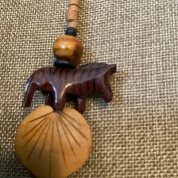 Vintage Wood Heishi Beaded Necklace with Carved Zebra - Picture 4 of 4